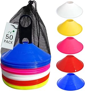 Sports Disc Cones Set of 50 – Agility Training Marker Cones with Carry Stand & Mesh Bag – Football, Rugby, Cricket, PE – 5 High-Vis Colours – Indoor & Outdoor Use