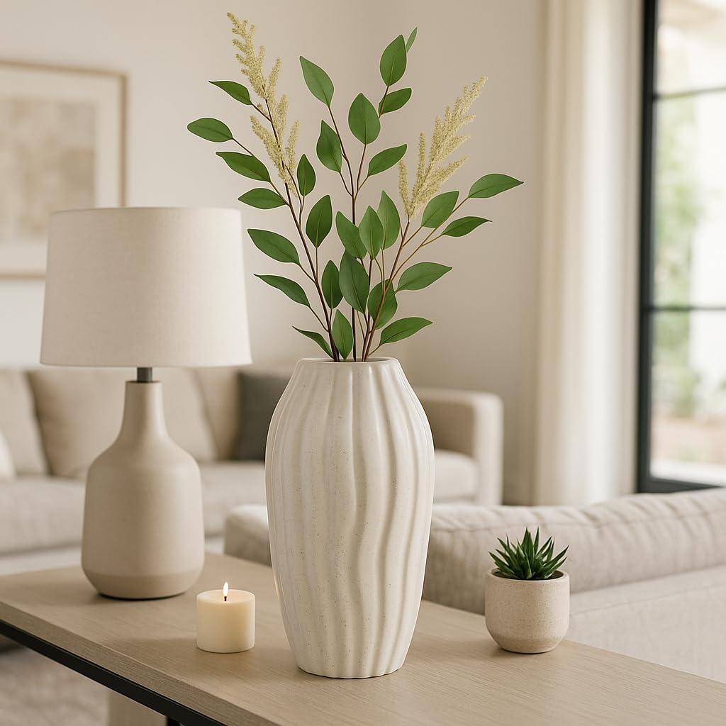 Elegant Textured Vase for Living Room Decor - Contemporary Flower Vase Ideal for Home, Room, and Dining Table Decor - Stylish Decorative Vase for Bedroom, House, and Office Accent - 14", Ivory