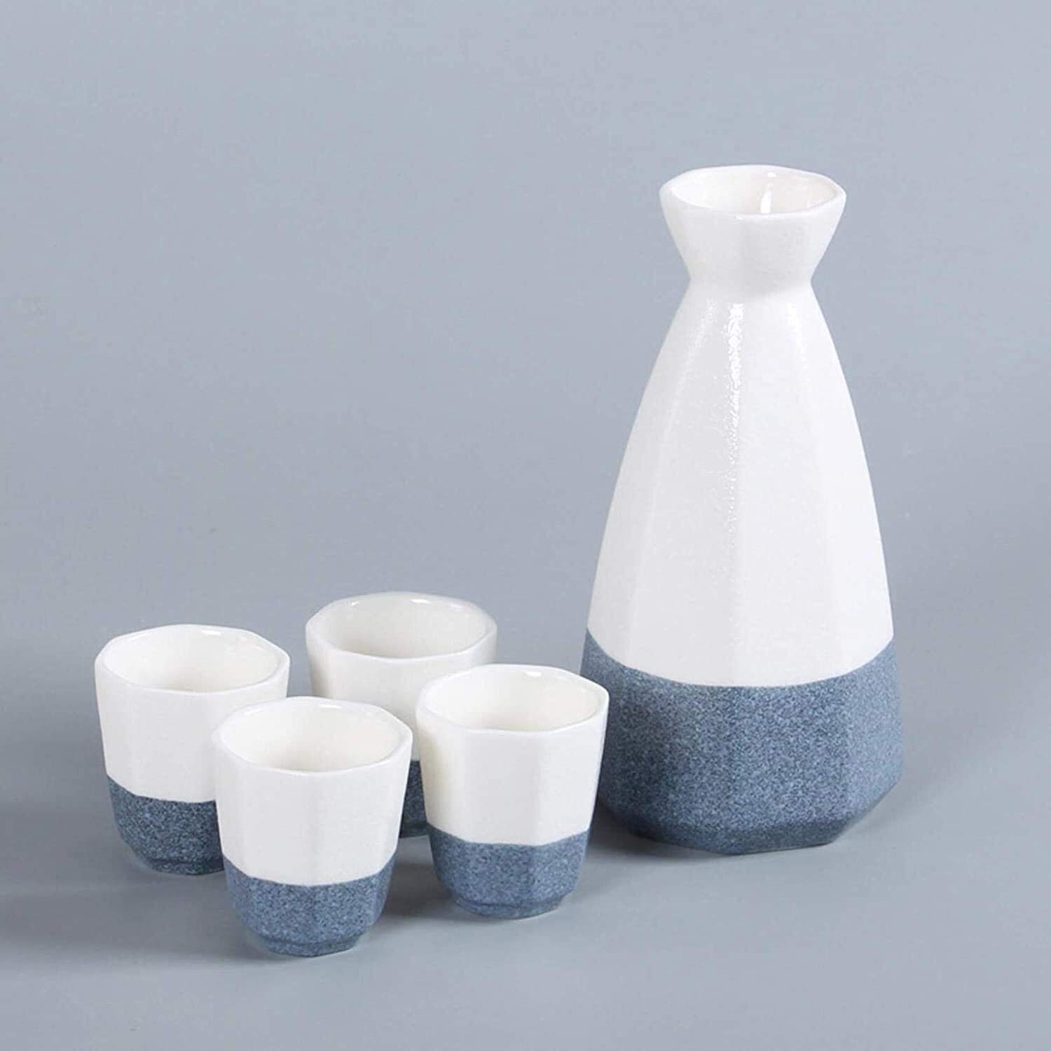Service à saké en céramique, Bouteille de saké Japonaise Traditionnelle, Bouteille en Porcelaine avec Tasse, Design d'épissure Moderne, 4 Tasses et Plateaux en céramique, 285 ML