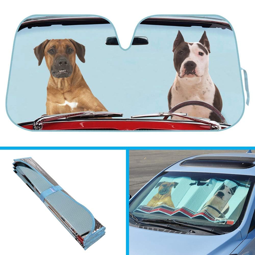 BDK 2 Dogs Auto Windshield Sun Shade w/Side Sunshades for Car SUV Truck - Pet Pals - Double Bubble Foil Jumbo Folding Accordion