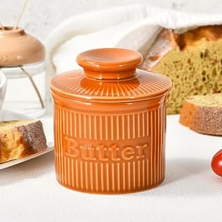 French Butter Crock for Counter with Water Seal, Ceramic French Butter Dish with Lid for Spreadable Butter, Ribbed Butter Holder, Housewarming Gifts, Fall Decor for Kitchen and Home