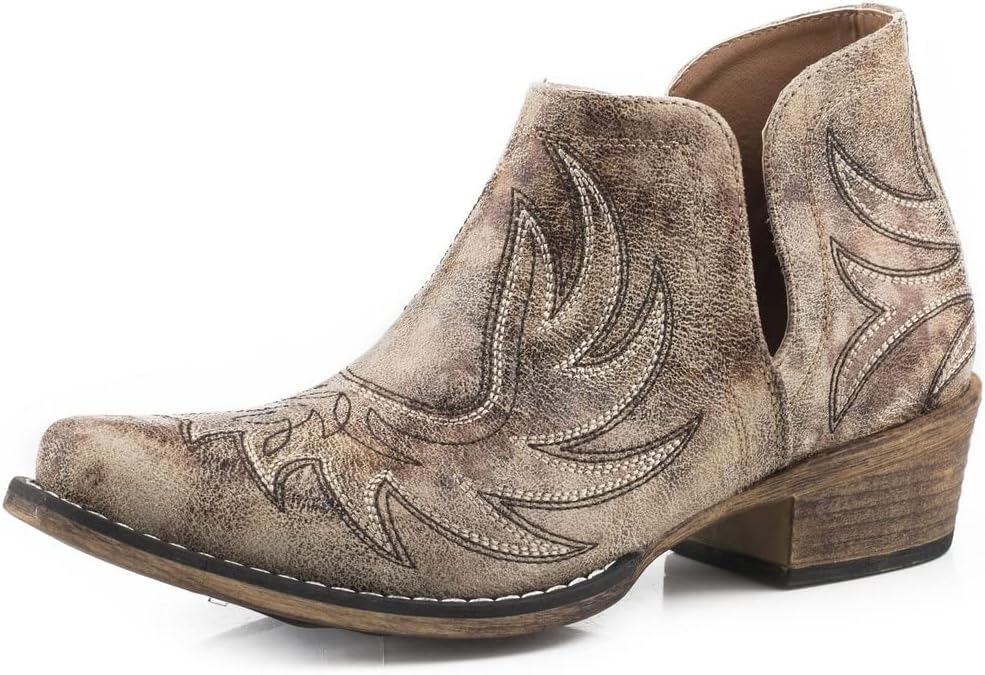 Womens Ava Embroidered Snip Toe Casual Boots Ankle Low Heel 1-2" - Grey