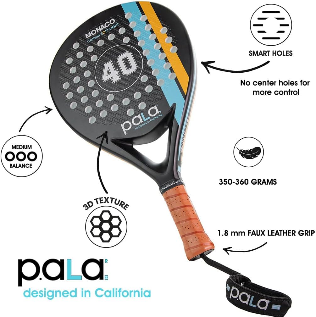 P.ala Monaco Soft Carbon Padel Racket for Beginners – Lightweight Control Racket with EVA Memory Core, 100% Carbon Fiber Frame, 3.1-Inch Grip.