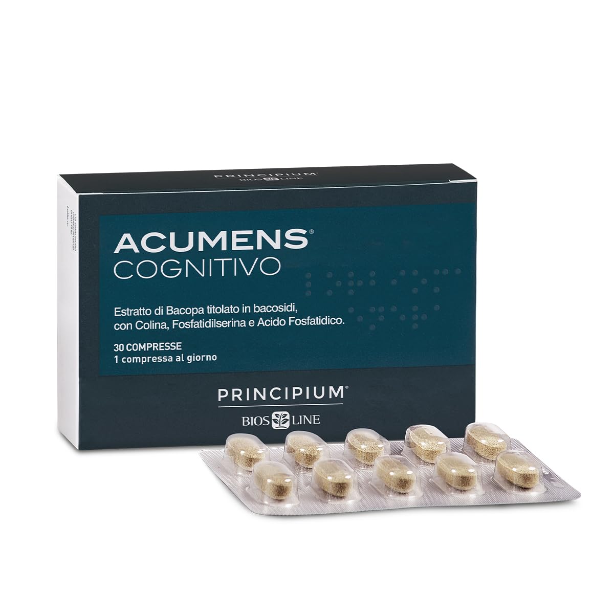 BIOS LINE Principium Acumens Cognitivo, Integratore Alimentare per il Sostegno Naturale per Memoria e Funzioni Cognitive, con Bacopa, Colina e Fosfatidilserina, 30 Compresse