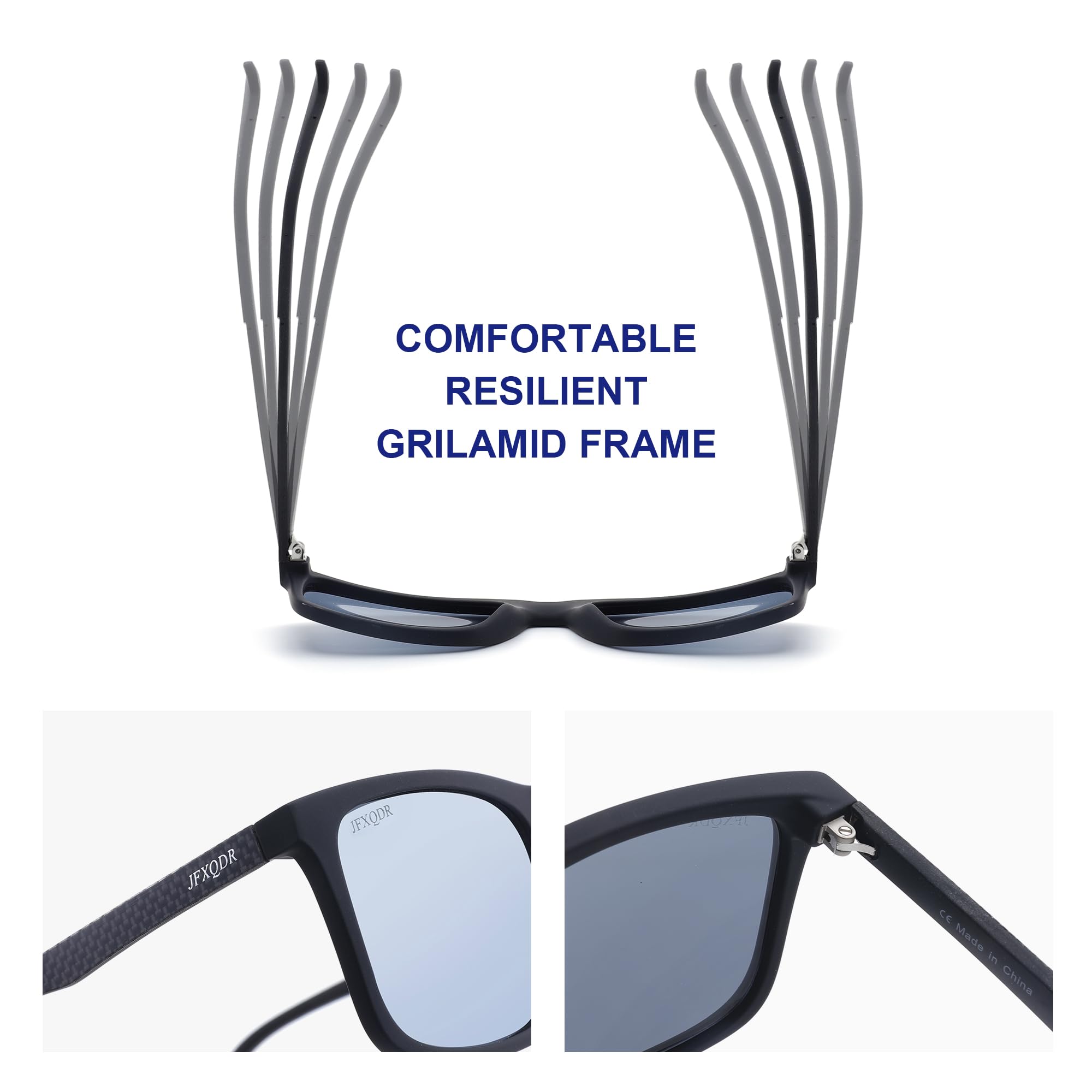 Gafas de sol polarizadas para hombre, marco de goma cuadrado de fibra de carbono, templo de pesca, conducción, protección UV, RFS8205, Lente plateada espejada con marco negro, Grandes 4