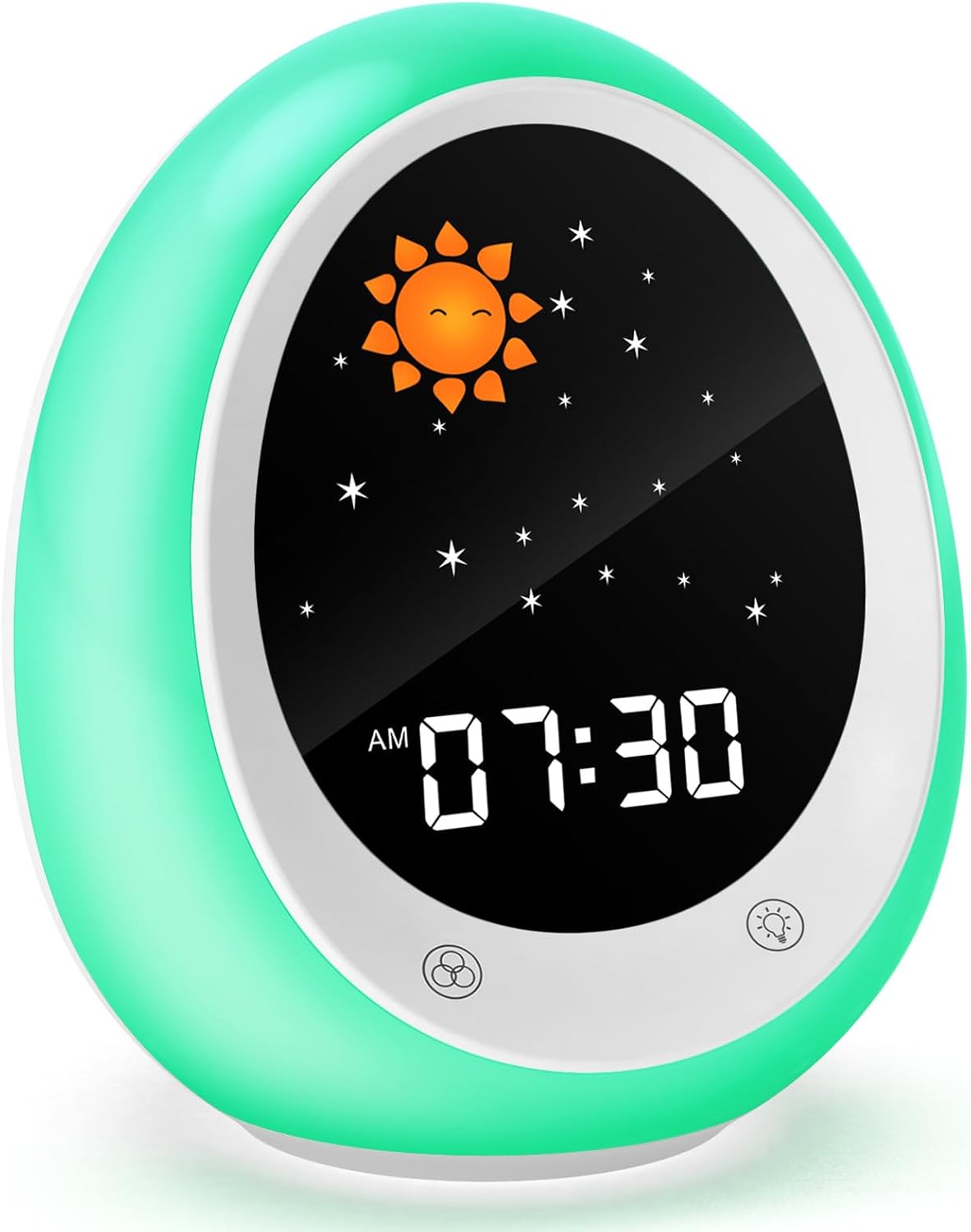 FiveHome Kids Sleep Training Alarm Clock, green and white with digital display