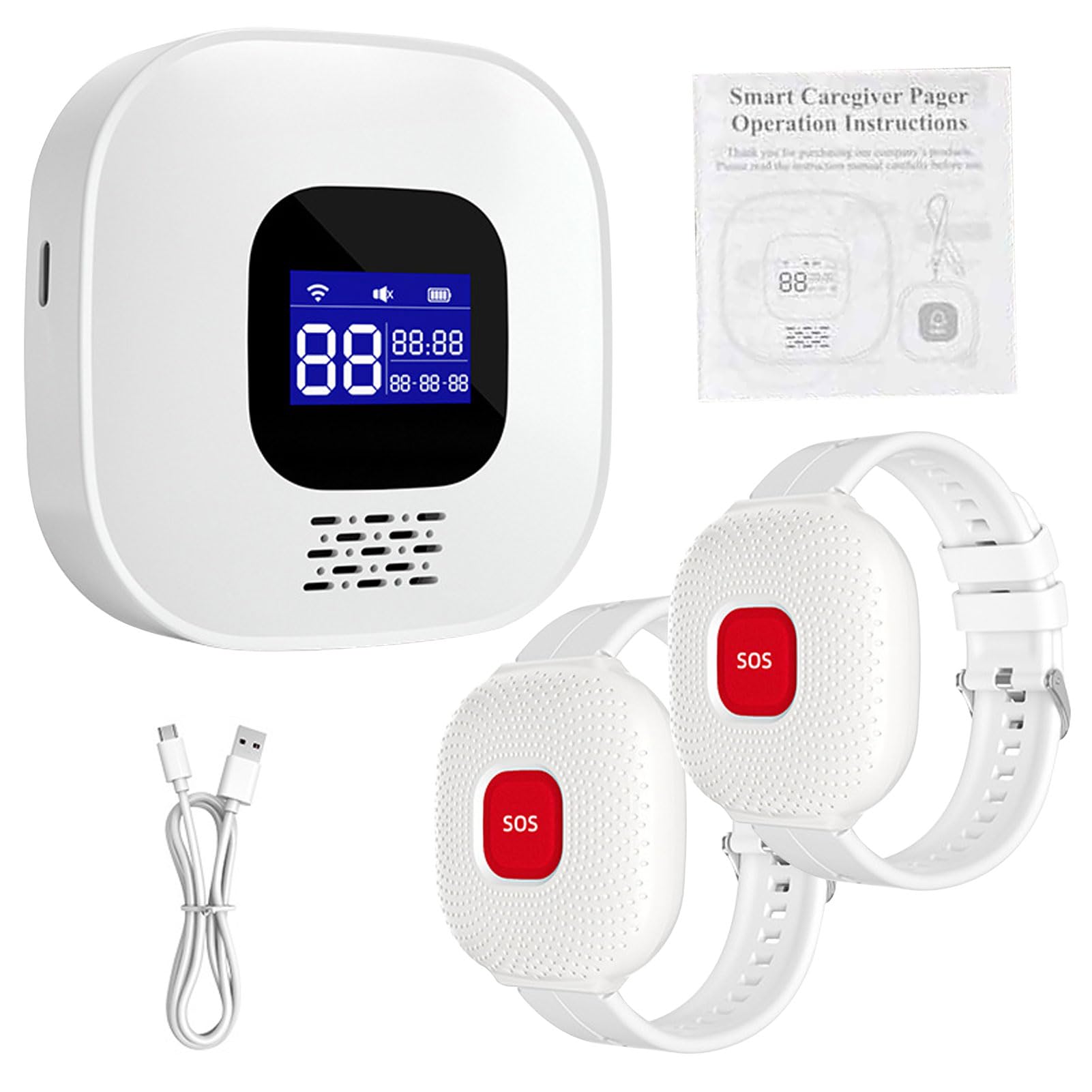 Denash Dispositif D'appel Multi-Fonction WiFi avec Système D'alarme SOS, Pager de Télévision âgée 2 Boutons D'appel 100 Pieds, écran LCD Hospital Infirmière Urgence