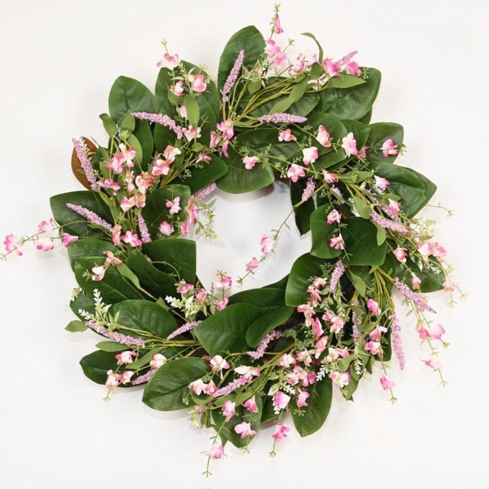 22 Inch Faux Floral Wreath for Front Door, Handcrafted Artificial Greenery Wreath with Realistic Flowers for Year Round Home Decor Wall and Mantel (lw60)