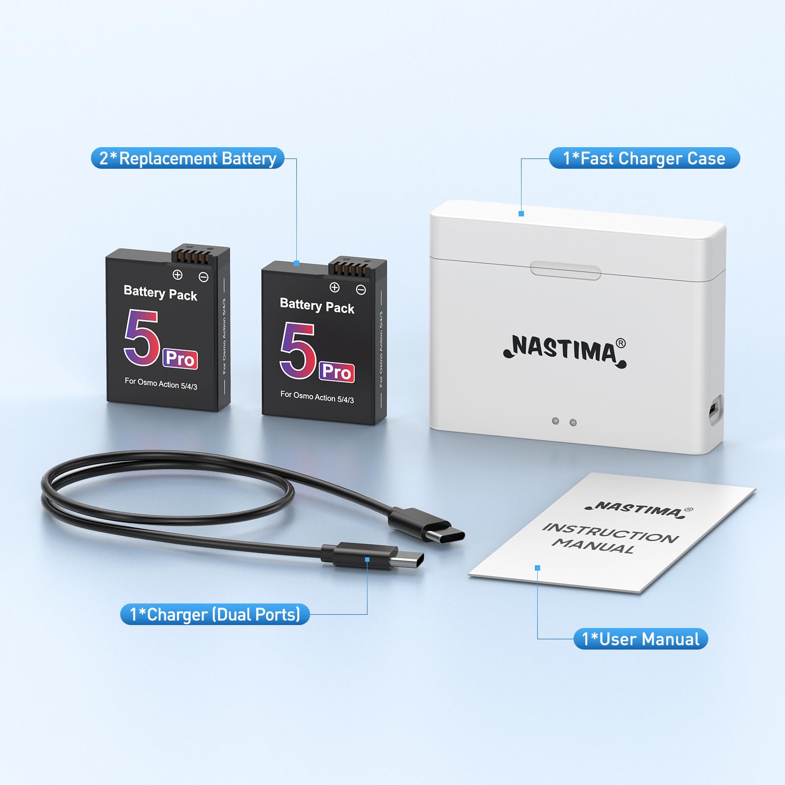 NASTIMA 2100mAh Batería 2-Unidades para dji Osmo Action 5 Pro/4/3, USB Dual | Li-ion Batería de Reemplazo, Carcasa de carga rápida PD, Cable de carga USB-C de dos canales, BMS integrado, larga vida útil