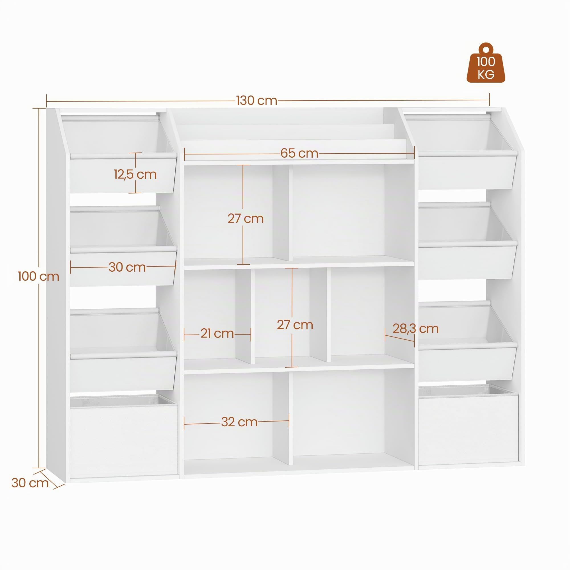 HEXCELEN Meuble Rangement Enfant, Bibliothèque Enfant, Étagère à Jouets 8 Boîtes en Non-tissé, pour Chambre d'enfant, Salons, Bureau, 30 x 130 x 100 cm, Blanc