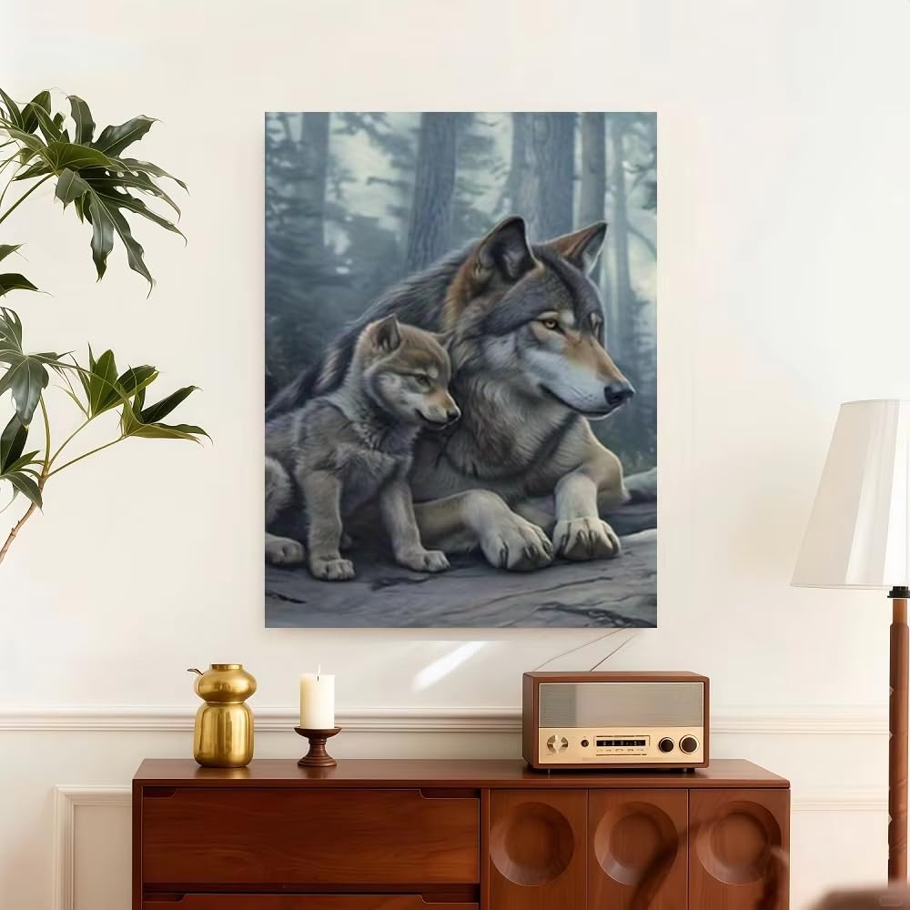 IHHGNB Wolf Wall Art Deco Style Canvas Print, Wolf And Cub Forest Animal Wall Art Nature Painting Pictures Artwork(50x75cm(20x30in)/No frame)