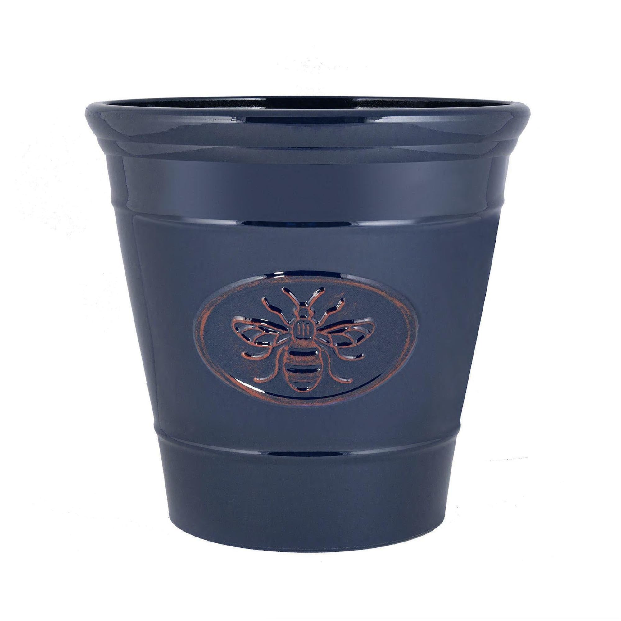 Fyne-Finds Round Plastic Bee Embossed Plant Pots, Saucers Long Lasting Flower Garden Indoor Outdoor Drainage Holes Planter Cover Weather, Frost Proof Glossy Effect (30cm Blue Planter)