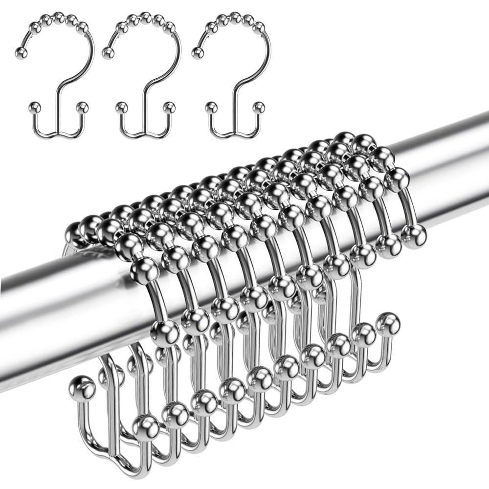 12PCS Shower Curtain Hooks Rings, Rust Resistant Metal Double Glide Shower Hooks Rings for Bathroom Shower Rods Curtains Chrome