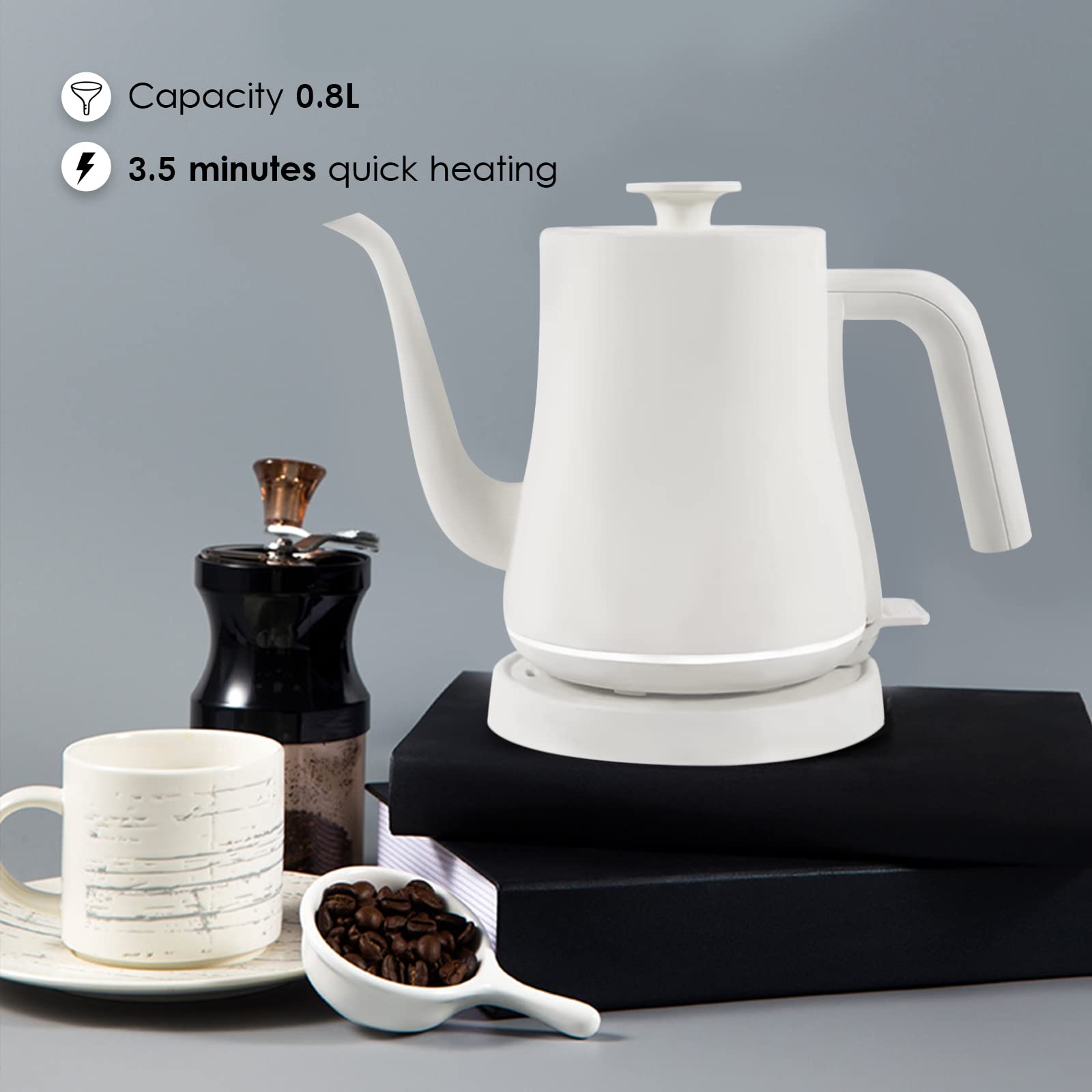 Hervidor Eléctrico Café Contemporáneo, Té Hervidor Eléctrico Hervidor Deua Hervido Silencioso, Apagado Automático 3.5 Minutos de Calefacción, Café, Tat/White