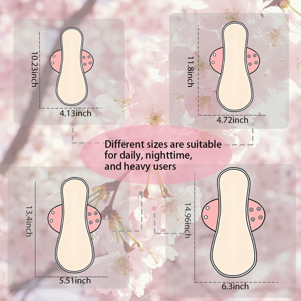 AIO Reusable Washable Cloth Menstrual Pads Sanitary Pad for Woman Large Size(4.13 * 10.23/4.72 * 11.8/5.51 * 13.4/6.3 * 14.96inch) Including 6 pcs Pads with 1 Wet Bag
