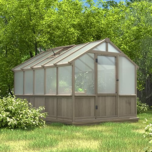 Image of MUPATER 8 x 10FT Wooden Greenhouse with 6mm Polycarbonate Panels for UV Protection and Heat Insulation, Adjustable Ventilated Window & Lockable Door, Walk-in Greenhouse for Outdoors, Patio, Backyard