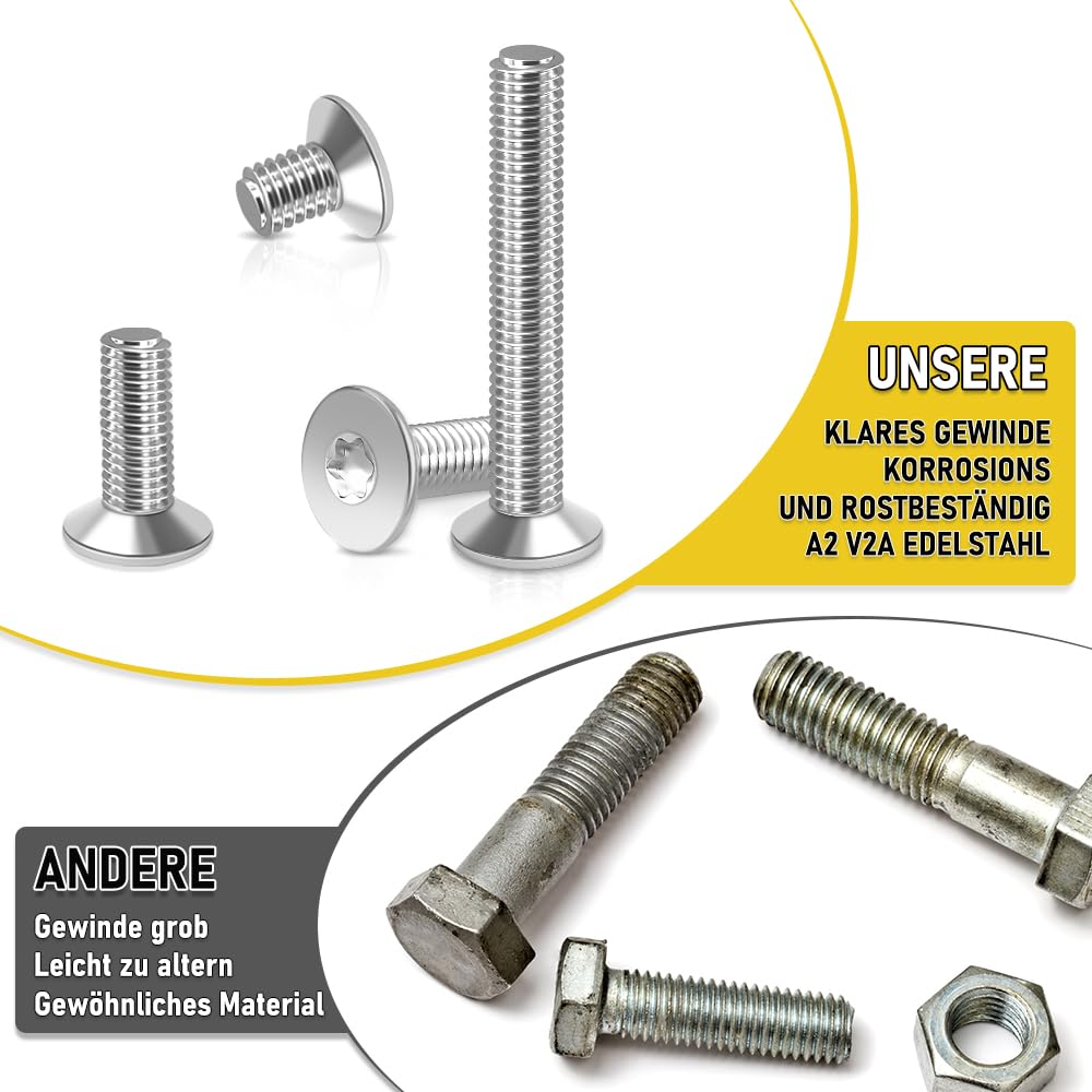 20 viti a testa svasata M6 x 50 mm, a esagono incassato in acciaio inox A2 V2A, con chiave Torx, testa esagonale a norma ISO 14581/DIN 965, per macchinari, mobili, riparazioni