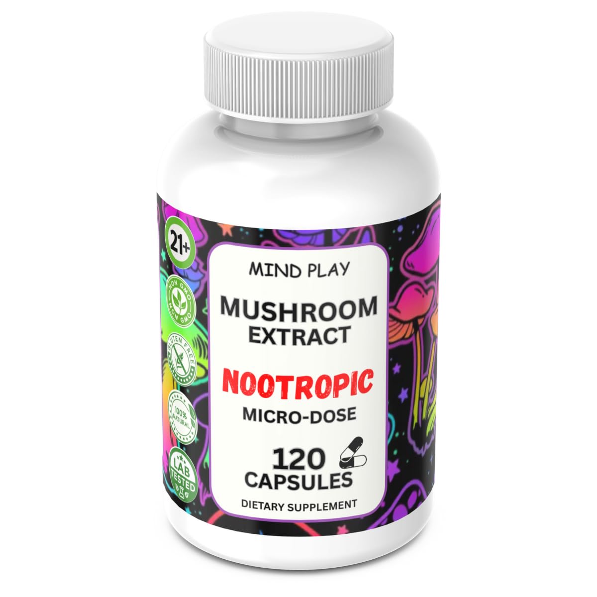 Nootropic Mushroom Pills, 10X Complex, Micro Dose, Road Trip, Lions Mane, Turkey Tail, White Button, Proprietary Blend, No Trip, Just Focus (120 Capsules)