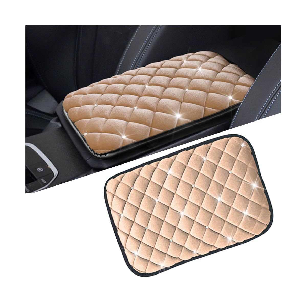 Mandark Bling Car Center Console Cover, Crystal Rhinestone Fluffy Automotive Armrest Seat Box Cushion Pad, Soft Comfortable Diamond Arm Rest Protection Mat, Universal Vehicle Accessories (Beige)