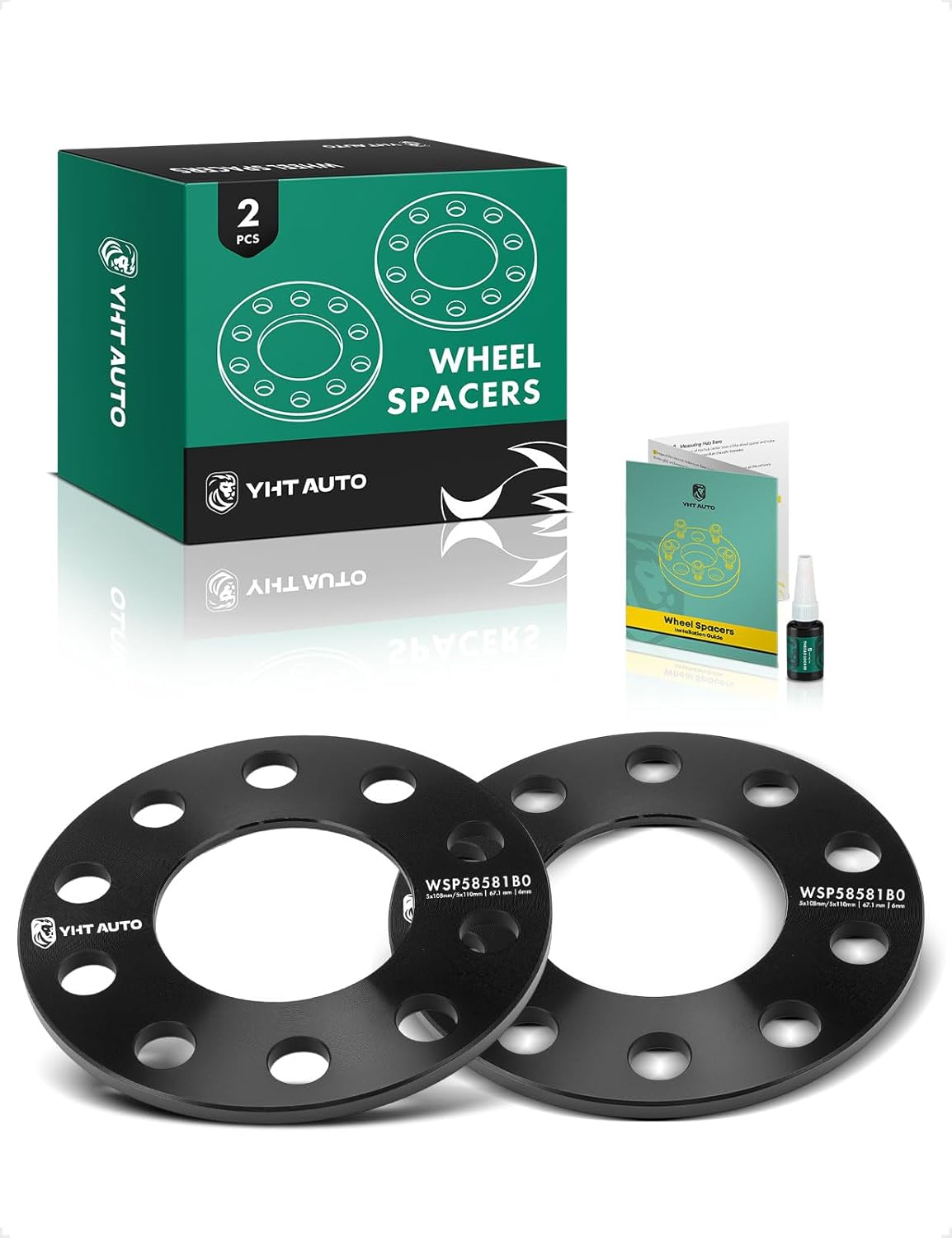 YHTAUTO 5x108 mm/5x110 mm Wheel Spacers 6mm w/o Bolts Fits Cadillac Chevrolet Chrysler Dodge Ford Jaguar Jeep Lincoln, 67.1mm Center Bore 5 Lug 2PCS Black
