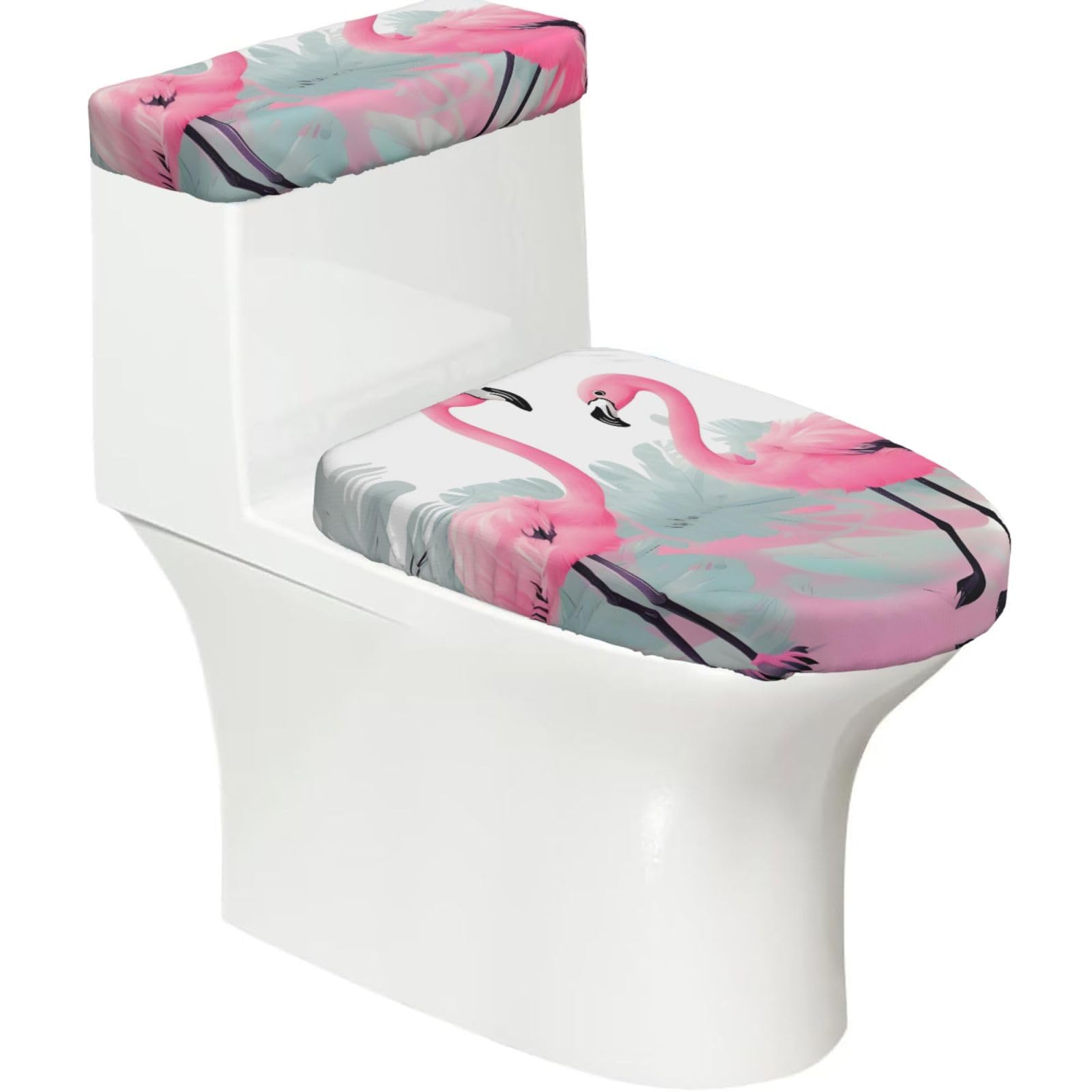 Pink Flamingo 2-Piece Toilet Seat Cover Set with Tank Lid - Elastic for U-Shape & Elongated - Bathroom Decor