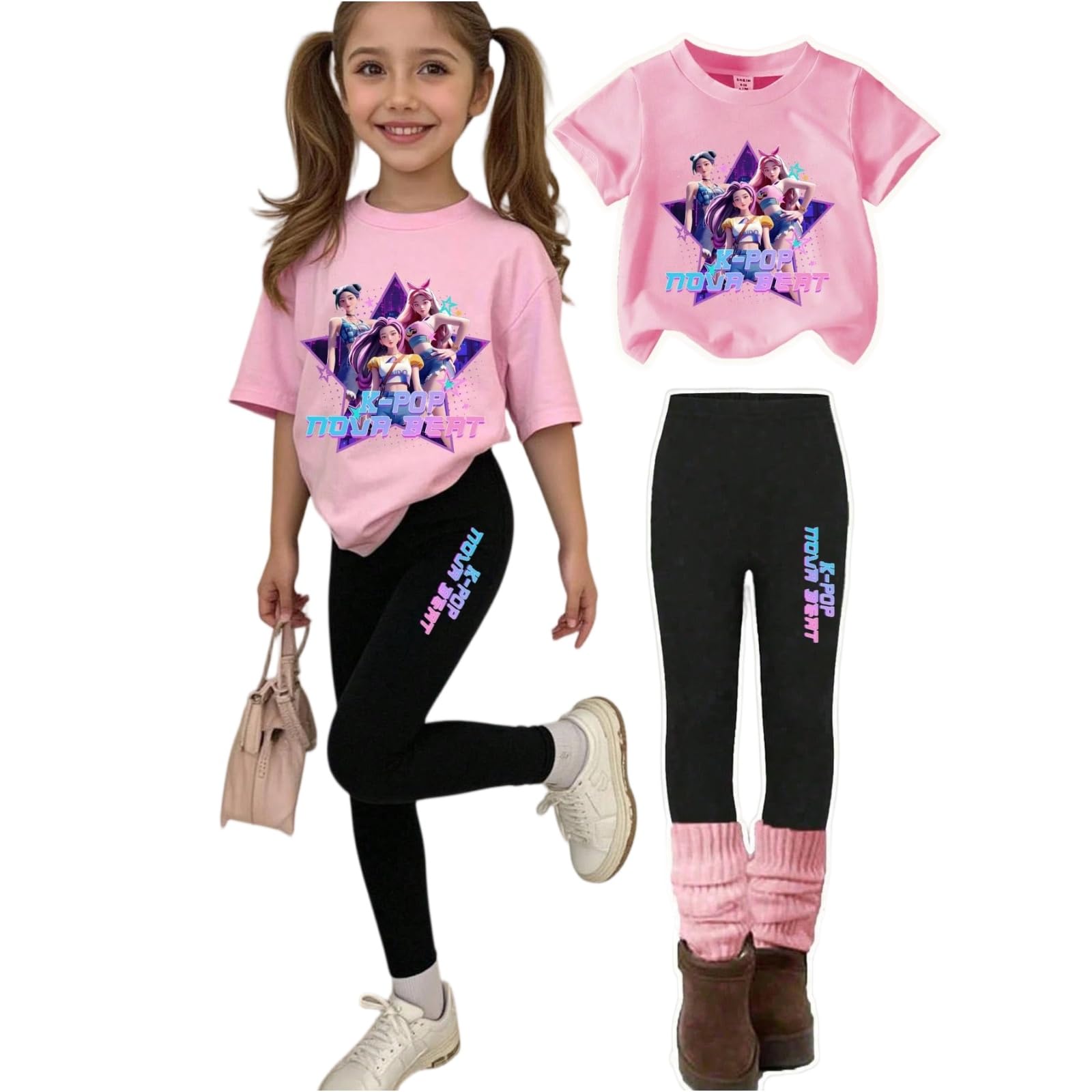 K Pop Short Sleeve T-Shirt and Pants Outfits Set for Girls Hunters Cute Girl's Anime Graphic Tees De-Mon Kids — view 8