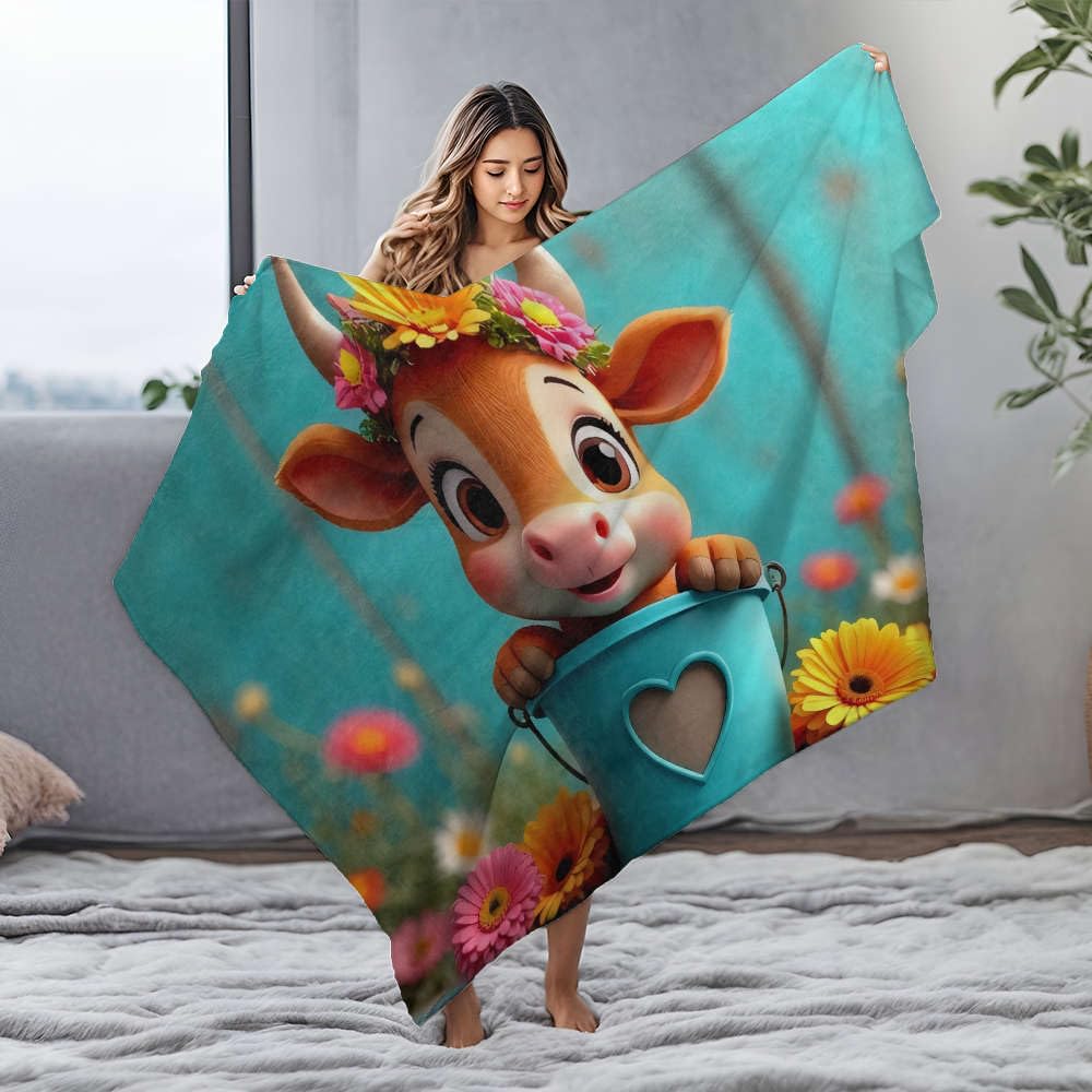 Plaid couverture douce flanelle imprimé vache fleurs pour soirée cocooning