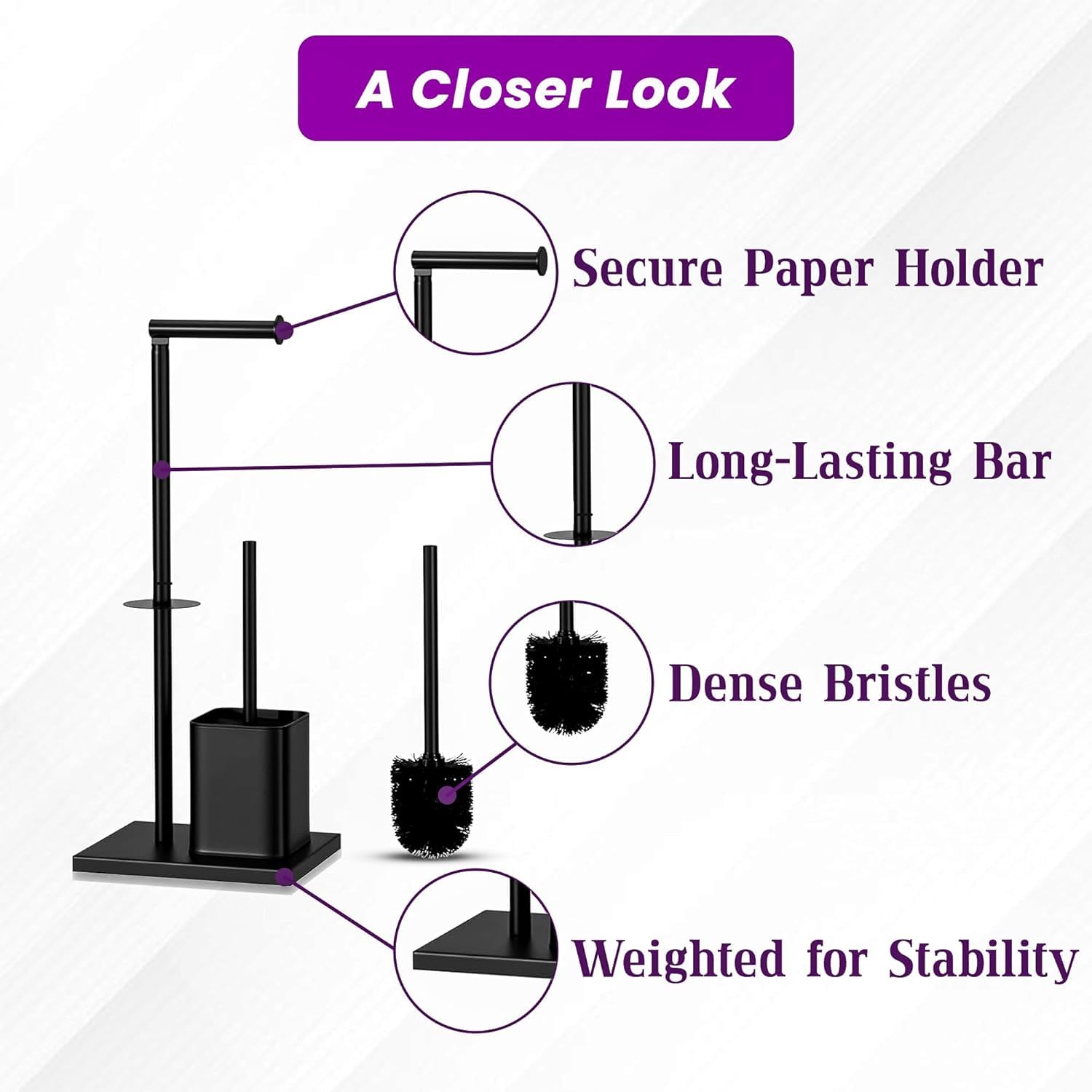 YUET Freestanding Toilet Roll Holders with Toilet Brush Free Standing Folding Paper Holder Stand Storage Stainless Steel Bathroom - Image 2