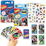 Lot de cartes UNO Marvel et DC – Ensemble avec des cartes Batman et Spiderman UNO pour enfants Plus d'autocollants, plus | Activités Batman et Spiderman pour enfants, soirée de jeu en famille.