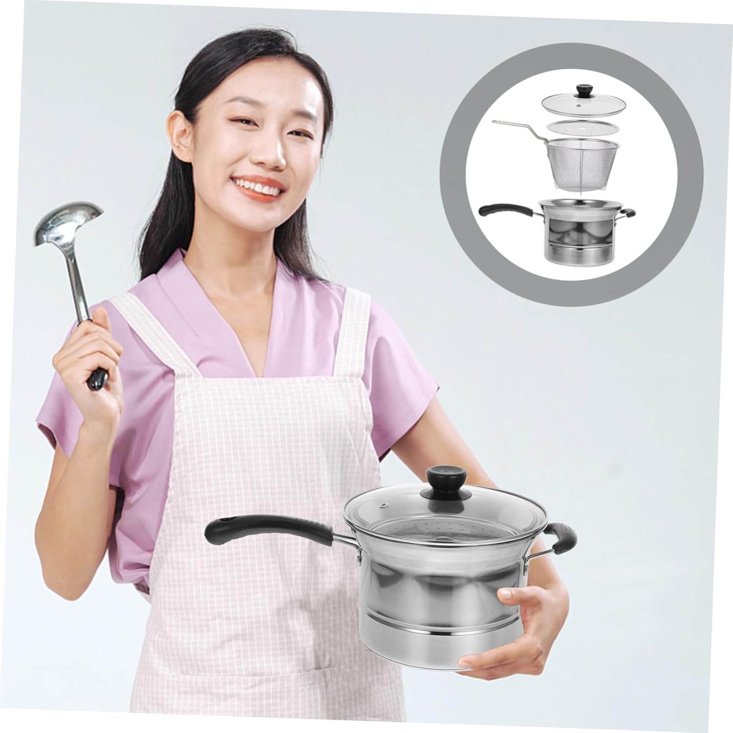 Milisten Stainless Steel Multi Function Soup Pot with Ergonomic Handle Deep Frying Pan with Steaming Plate Cooking Saucepan for Stew Noodles and Everyday Kitchen Use