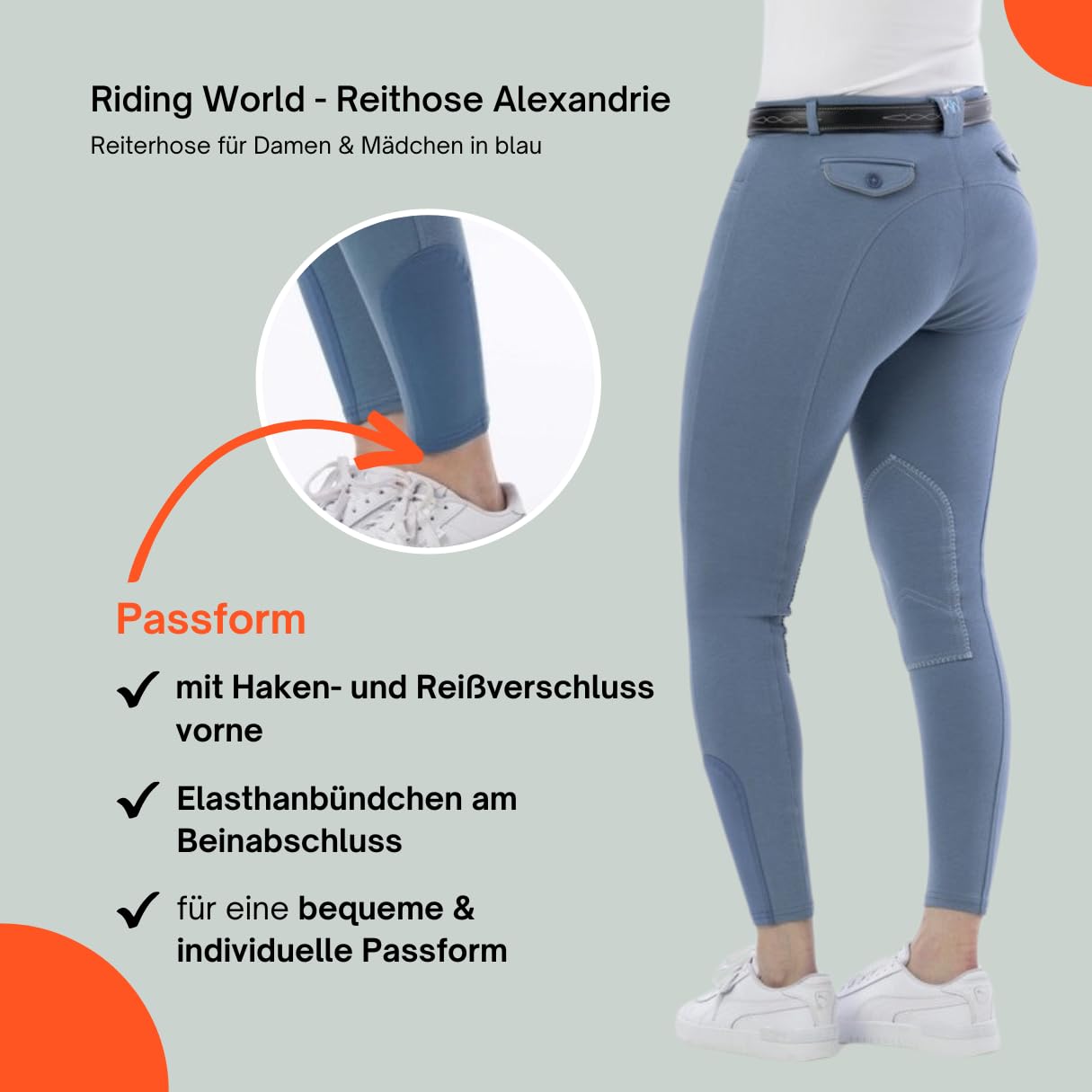 RIDING WORLD Pantalon d'équitation pour femme et enfant Alexandrie | Pantalon d'équitation avec genoux en tissu | avec poches avant | Legging d'équitation en six couleurs | Vêtements d'équitation en