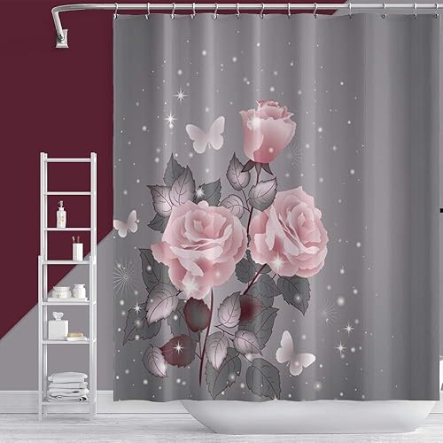 Miniatura 3 de OERJU Cortina de ducha floral con puntos brillantes, hojas de rosa florecientes, mariposa, elegante cortina de baño gris, patrón impreso 3D, tela de