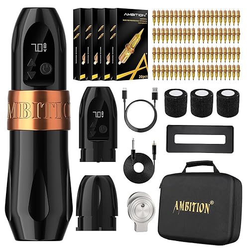 Ambition Kit de máquina de tatuaje inalámbrica Troll Kit completo de bolígrafo de tatuaje con motor rotativo sin núcleo con batería extra de 1950