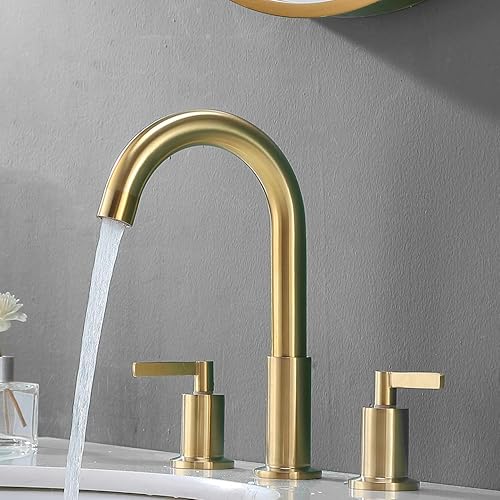 KINGO HOME Grifo de baño de oro cepillado de 3 agujeros, moderno grifo de lavabo de baño dorado cepillado de 2 manijas con mangueras de suministro,