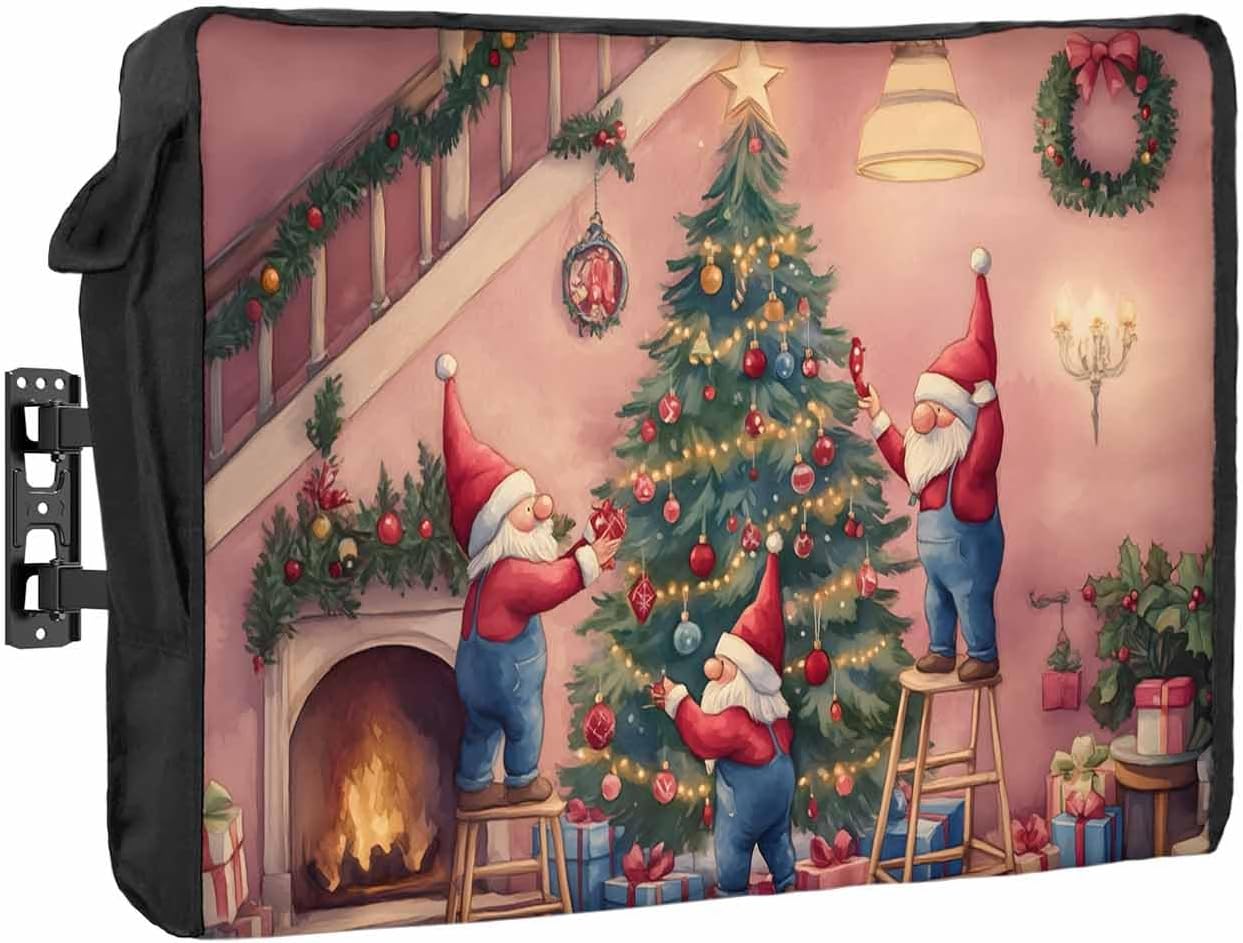 Christmas Gnomes Outdoor TV Cover 70"-75" - 600D Waterproof TV Cover Weatherproof TV Screen Protector Dustproof Winter Xmas Tree Balls Pink TV Display Protector for Outside Flat Screen TV