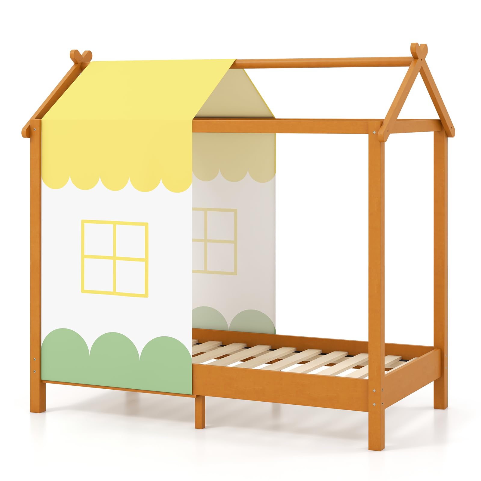 GOPLUS Lit Cabane Enfant 141x72CM, Lit à Baldaquin Enfants, Cadre de Lit Enfant Forme de Maison pour Bébés, Charge 100KG,pour Enfants 1-7 Ans