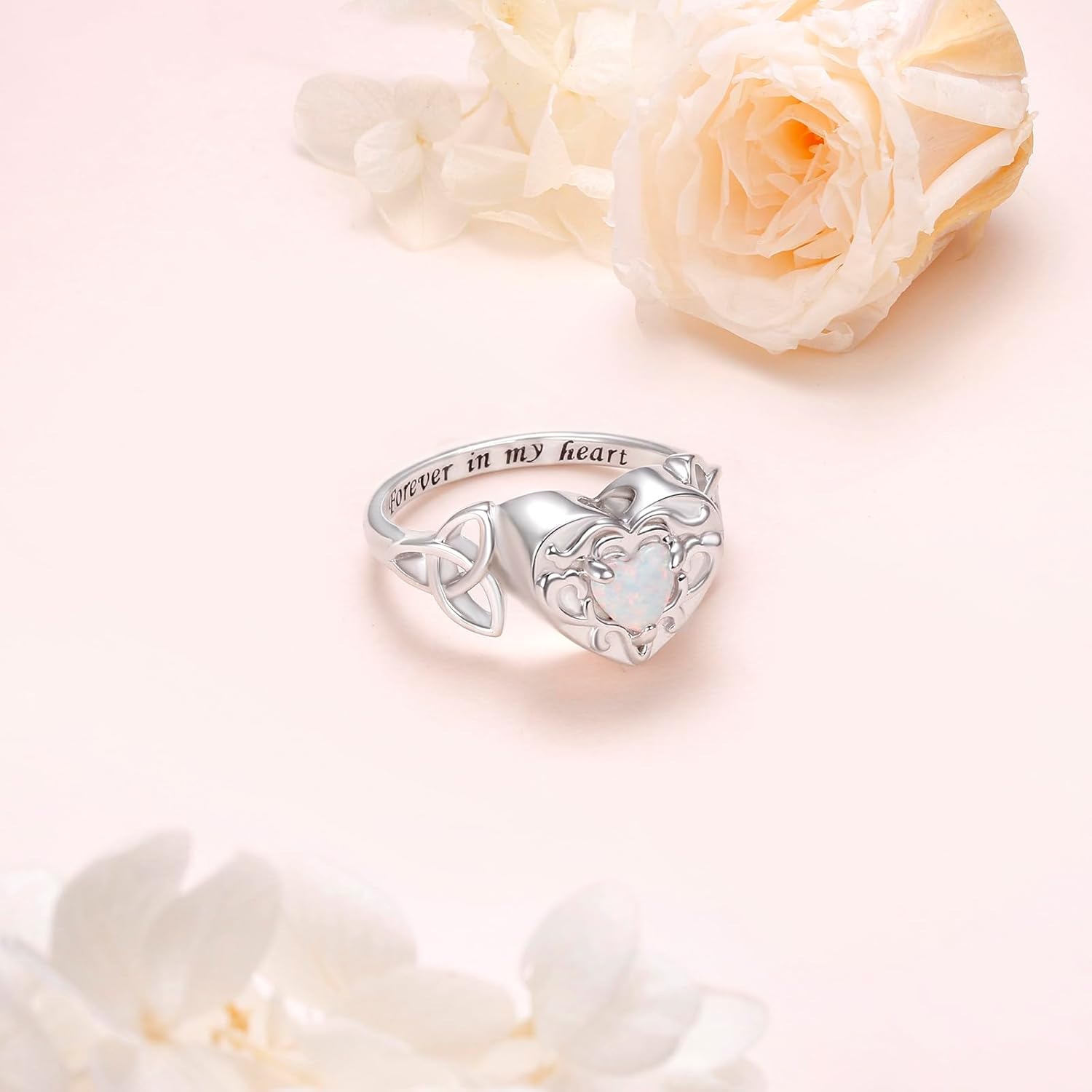 S925 Sterling Silver Heart Opal Urn Ring for Ashes Celtic Knot Memorial Ring Forever in My Heart Jewelry for Women Gift