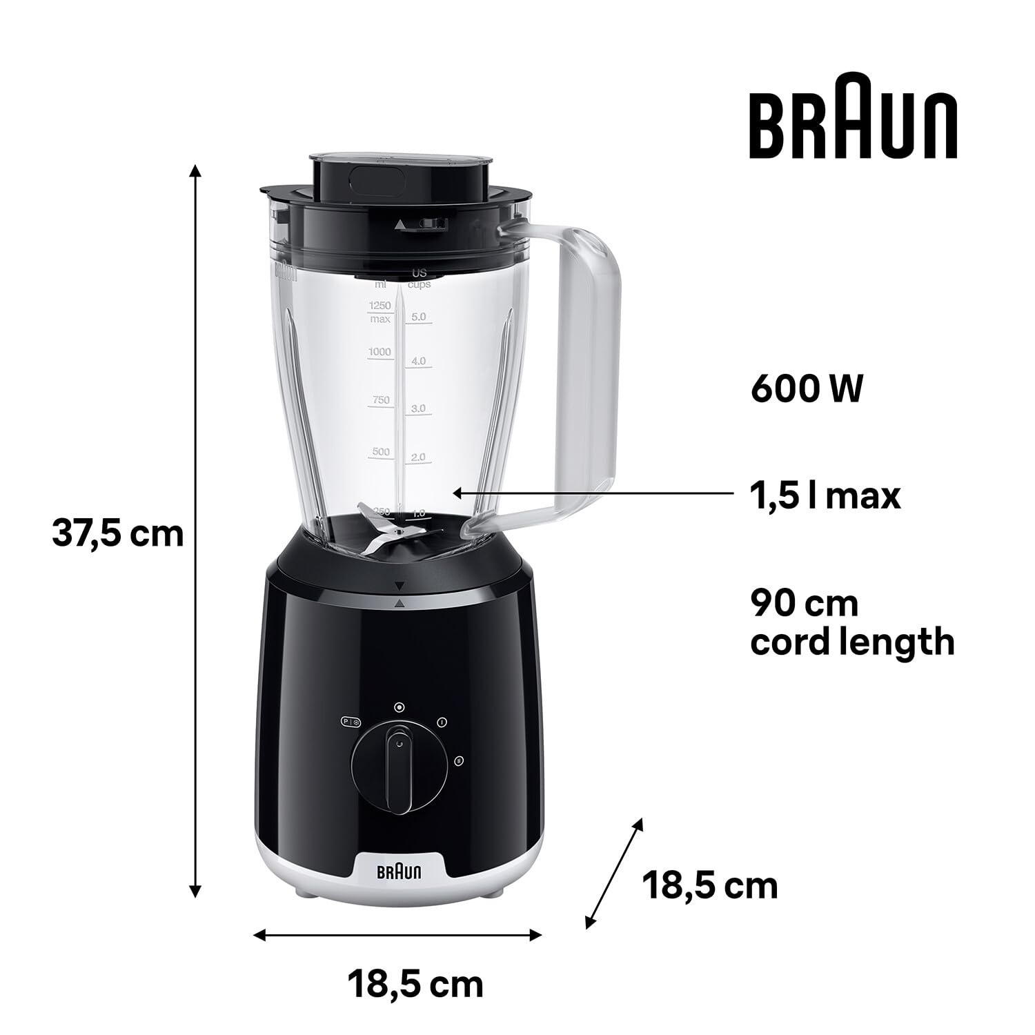 Braun PowerBlender 1, Batidora con Jarra Triangular Única en Vidrio, 2 Velocidades, Función de Trituración de Hielo, Botella Smoothie2Go Incluida, JB1051BK, 600W, Negra