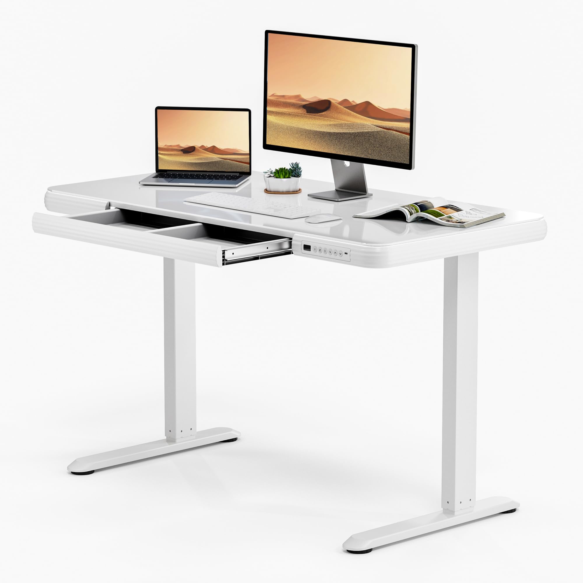 FLEXISPOT Comhar Electric Pure Glass Standing Desk with Drawer Desktop & USB Charge Ports, 48" Ergonomic Height Adjustable Sit to Stand Desk for Home Office (White, Glass)