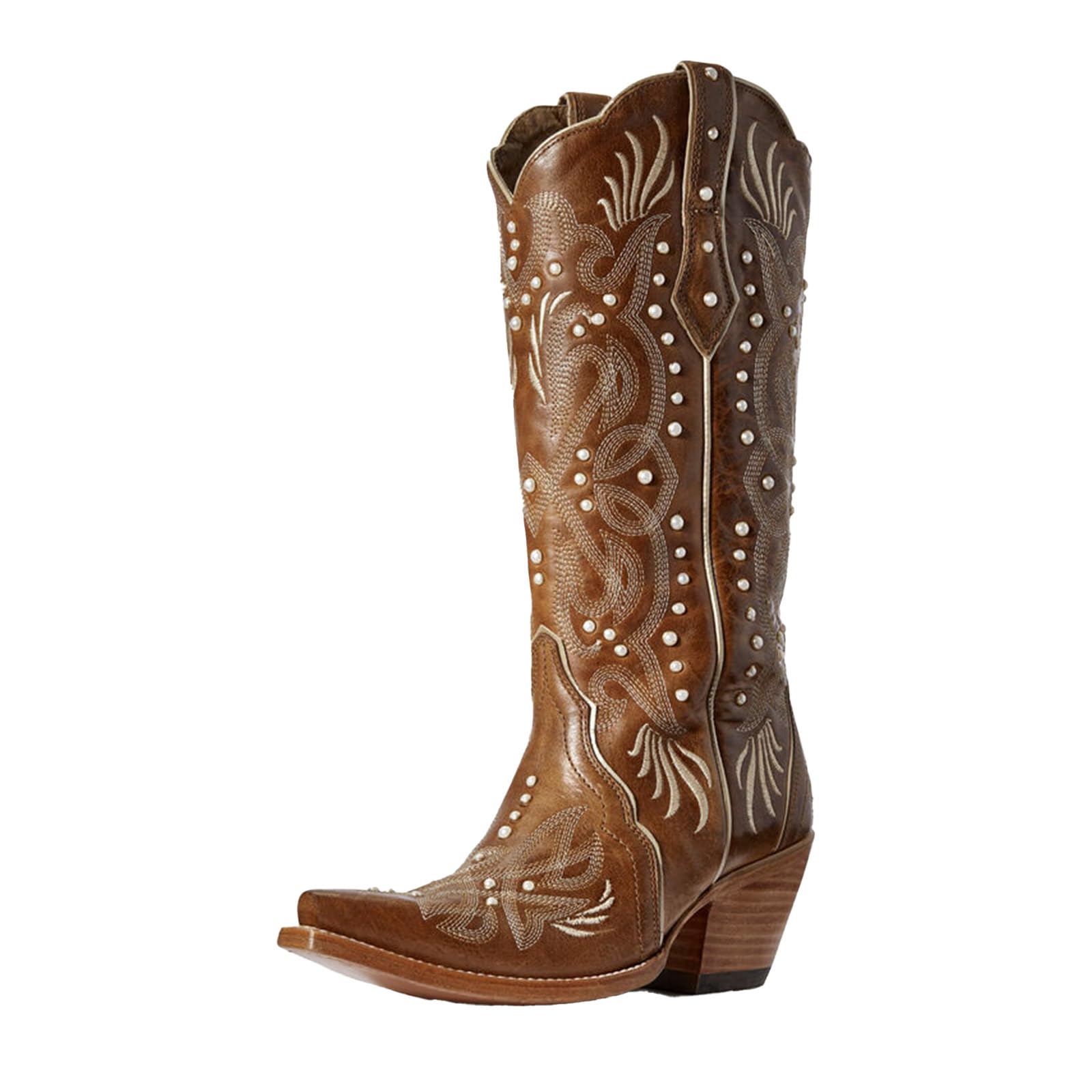 Cowboy Cowgirl Boots for Women Wedding Pearl Mid Calf Western Boots with Classic Embroidery Pointed Toe Chunky Heel