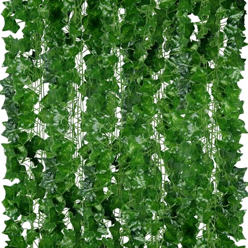 ADORAMOUR Guirnaldas de Hiedra Artificial - Pack48 de 210cm de Longitud Enredaderas - Vides Falsas Realistas para Decoración de Jardines Tanto en Interiores Exteriores, Hojas Verdes Plantas Colgantes