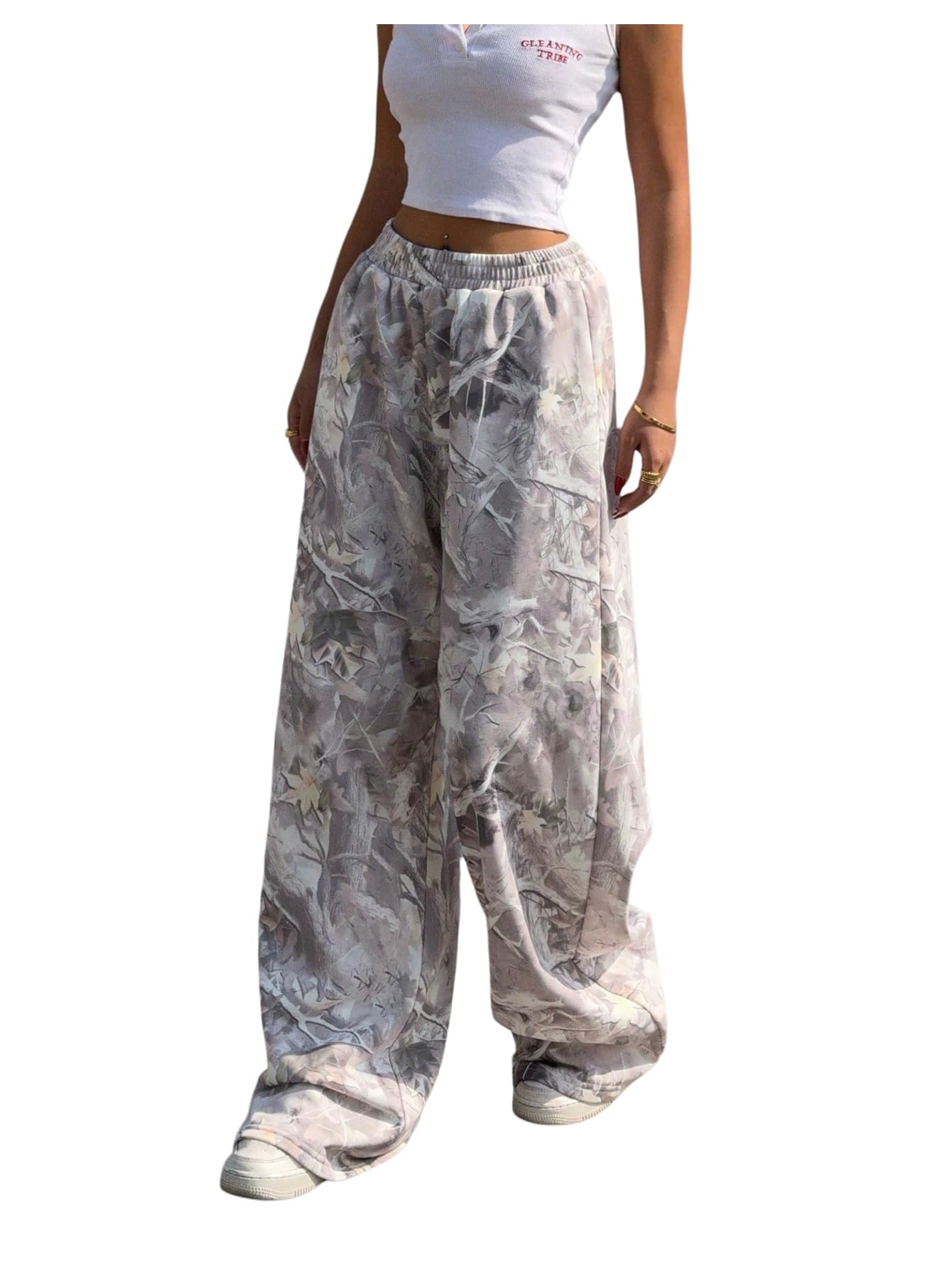 GORGLITTER Women's Camo Baggy Pants Oversized Wide Leg High Waisted Drawstring Streetwear Camouflage Track Sweat Pants