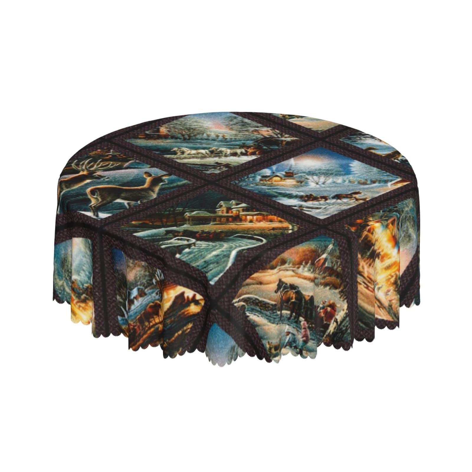 Lsjuee Winter Frost Diamond Landscape Round Tablecloth 60 Inch Printed Washable Tablecloth for Dining Party Holiday Fall Home Decorative