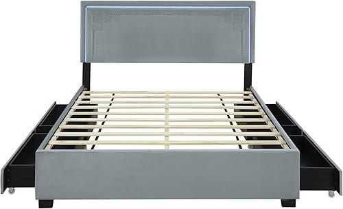 Miniatura 56 de Elegante cama con plataforma tapizada de terciopelo de tamaño Queen con cabecero, para niños, niñas y adolescentes (beige @cabecero/, Queen)