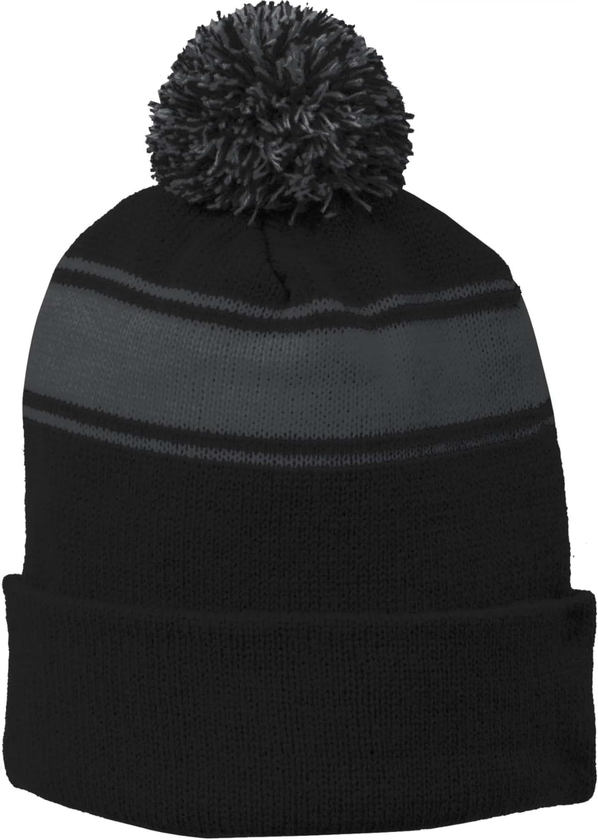 (black/charcoal, onesize) - Sport-Tek Men's Stripe Pom Pom Beanie
