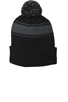 SPORT-TEK Unisex Stripe Pom Pom Beanie Black/Iron Grey at