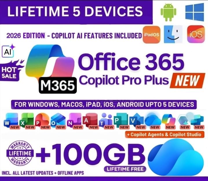 OFFICESUITE 365 Pro Plus MS with New Copilot Ai Edition Ms | Latest 2026 Launch | (upto 5 Devices, Lifetime Validity) for Win, iOS, macOS, iPADOS, Android | 100GB Storage (Cloud) for lifetime | Regular Updates with Unlimited Reinstallations