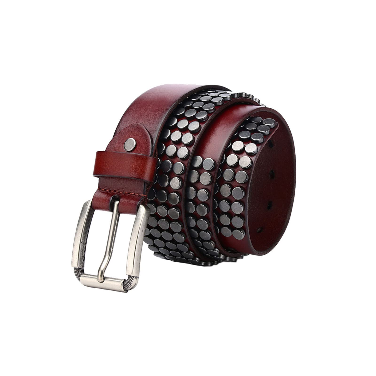 Cintura, Cintura con Borchie, Cintura in Pelle con Perline Piramide in Meta 4 File, Cintura in Denim con Borchie da Uomo e da Donna/Reddish Brown/105Cm/41.3''