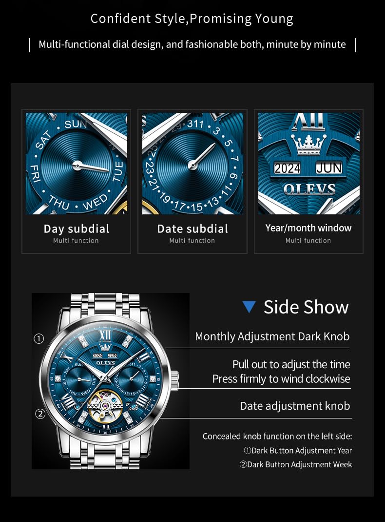 OLEVS Herren Automatikuhr Diamanten Tourbillon Skelett Luxus Edelstahl-Armbanduhr mit Kalender, 30M wasserdicht Leuchtzeigern Mechanische Selbstaufzugsuhr für Business/Abendmode im Geschenkbox