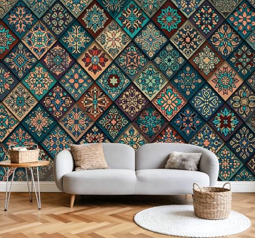Wall Mural Peel and Stick Intricate Geometric Tile Patterns Teal